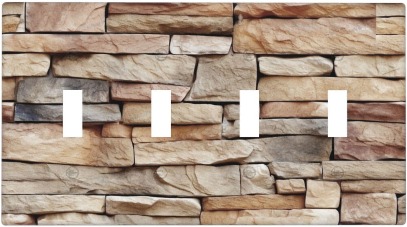 Light Switch Covers Stone Textured Brown Brick Natural Stone Quad Toggle Electrical Faceplate 4 Gang Wall Plate Decorative Switch Plates For Farmhouse Cabin Decor