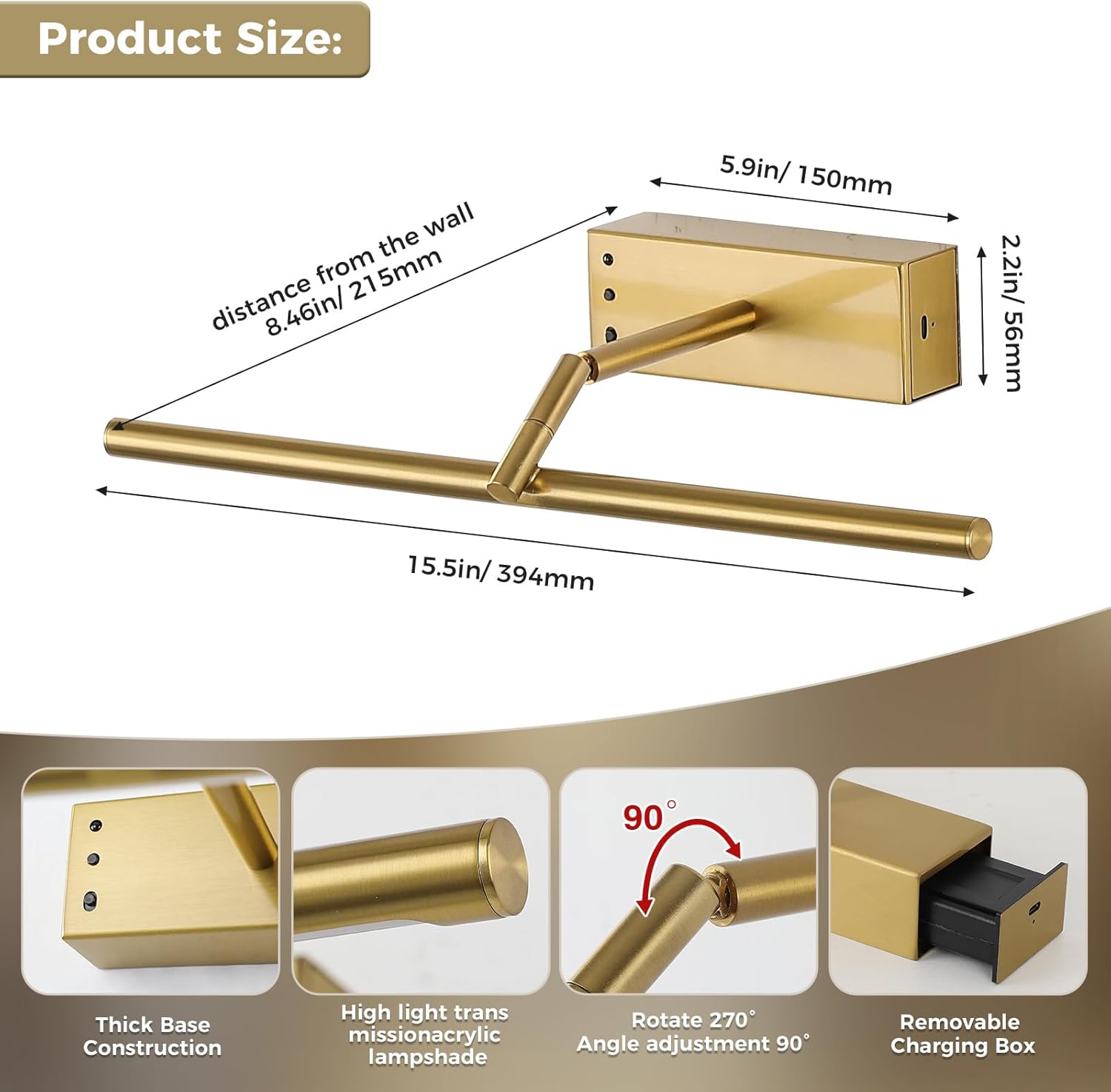 Joosenlux modern brass picture light - 16in rechargeable wireless wall lights with Remote, adjustable Swing Arm, dimmable 3cct battery operated lamp for art Display, photo gallery canvas and paintings