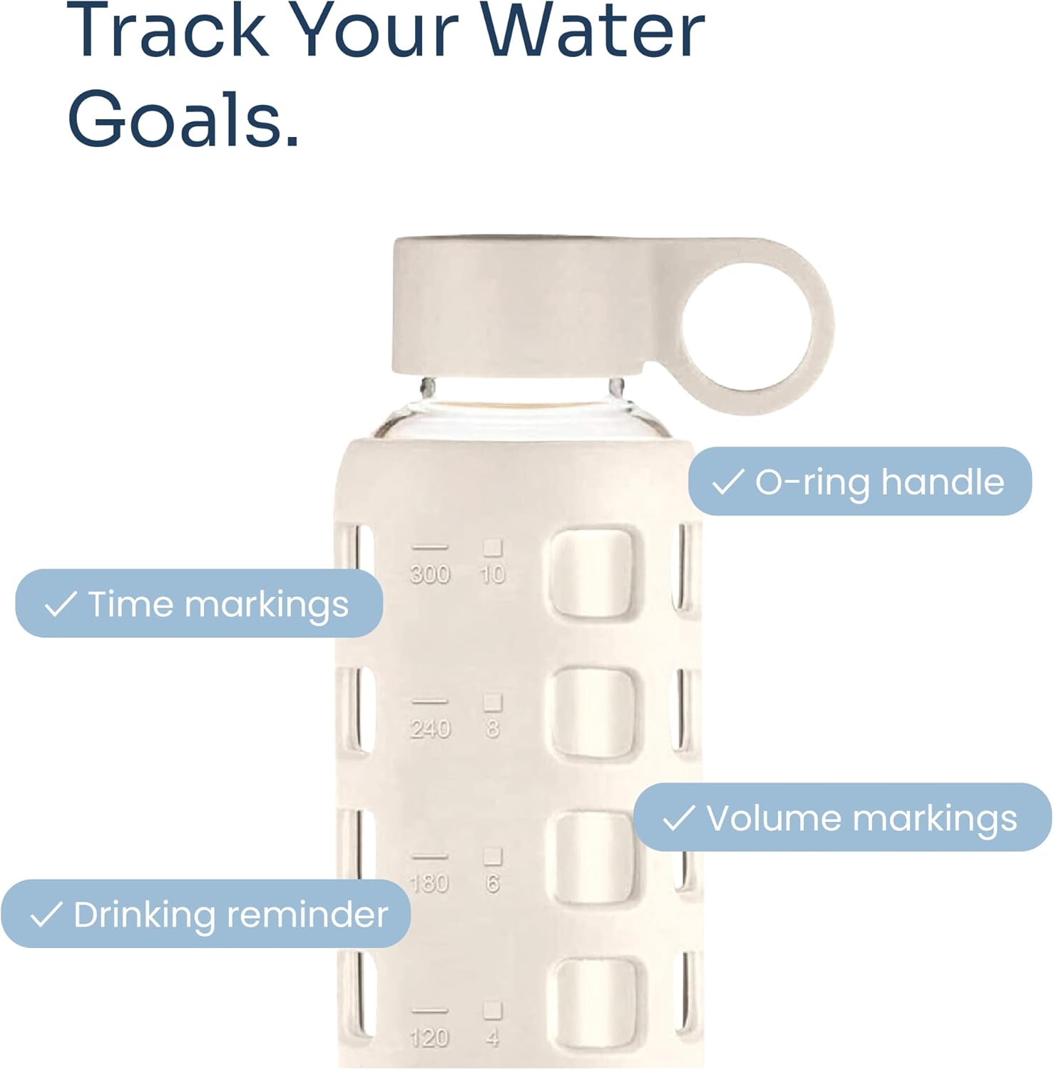 purifyou 40oz / 32oz / 22oz / 12oz Borosilicate Glass Water Bottle with Time & Volume Markers, Silicone Sleeve, Stainless Steel Lid | Reusable Glass Bottle for Water & Juice (12oz Pearled Ivory)