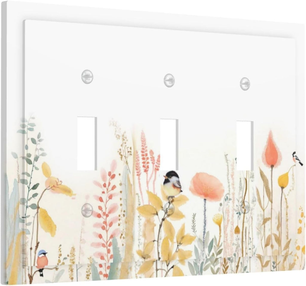 Decorative Switch Plates Colorful Floral Watercolour Cuddly Bird 3 Gang Wall Plate Triple Toggle Light Switch Cover Faceplate Electrical Wall Panels For Bed Room Living Room Decor