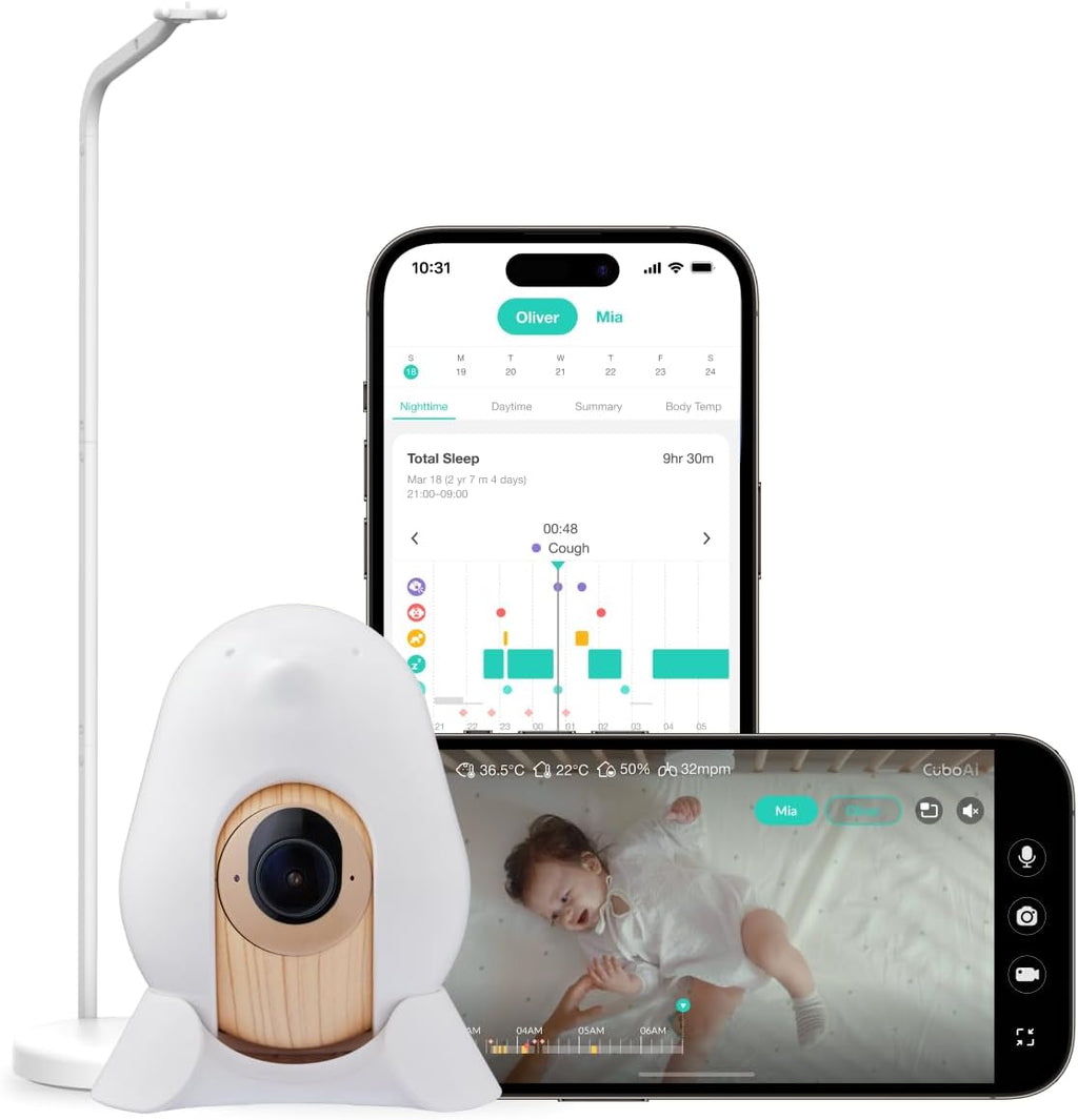CuboAi 2025 New Model Smart Baby Monitor 3: Sleep Safety Alerts for Covered Face Rollover, 2.5K QHD Night Vision WiFi Camera, 2-Way Audio, Humidity Sensor, Lullabies. App Control (Floor Stand Set)