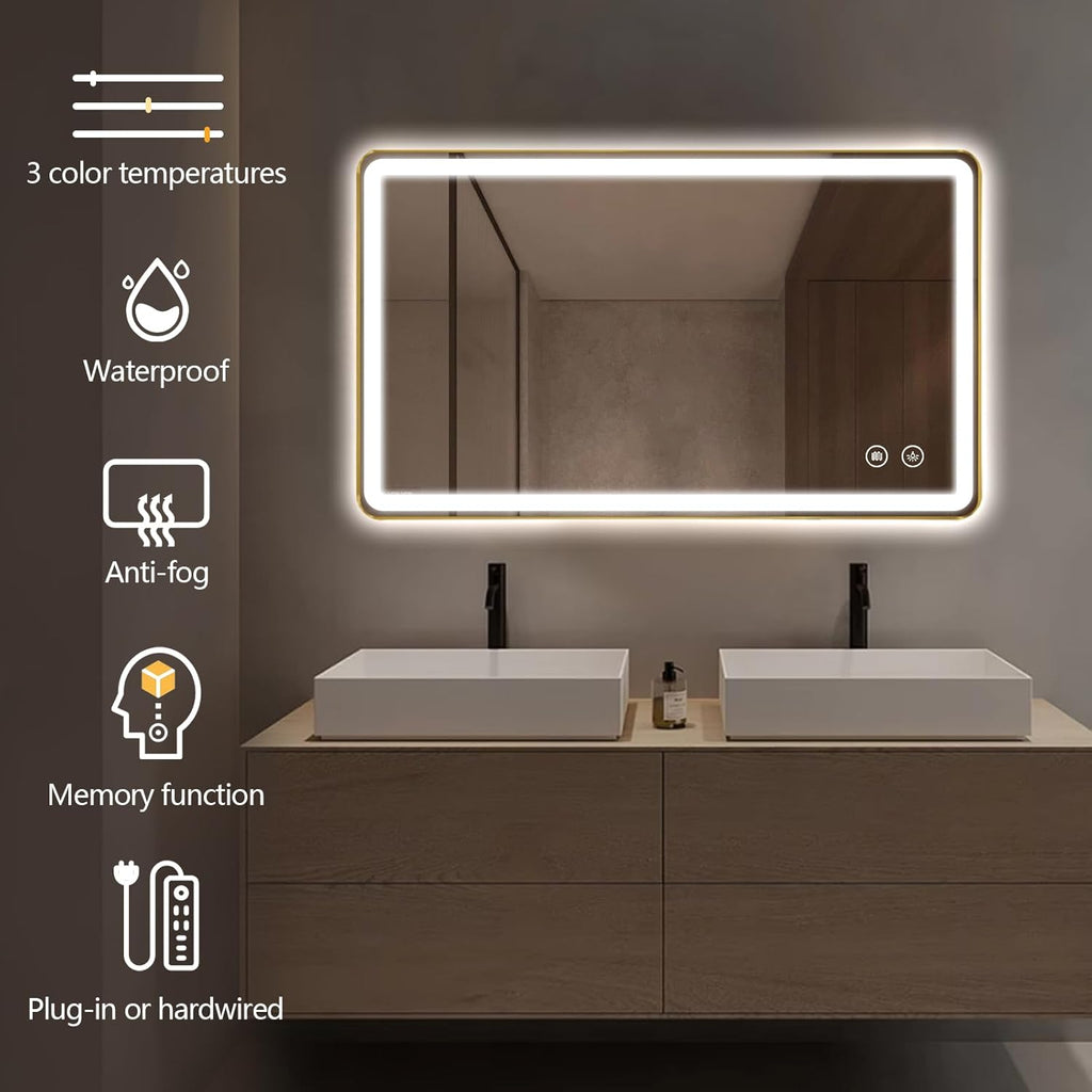 Niccy LED Bathroom Mirror, 40"x24" Rectangle Wall Mounted Vanity Mirrors with Metal Frame, Anti Fog Dimmable Smart Mirror for Bathroom/Bedroom/Livingroom/Entryway, (Horizontal or Vertical),Gold
