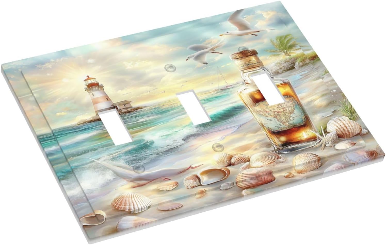 Decorative Switch Plates Beach Ocean Lighthouse Seashells 3 Gang Wall Plate Triple Toggle Light Switch Cover Faceplate Electrical Wall Panels For Bed Room Living Room Decor
