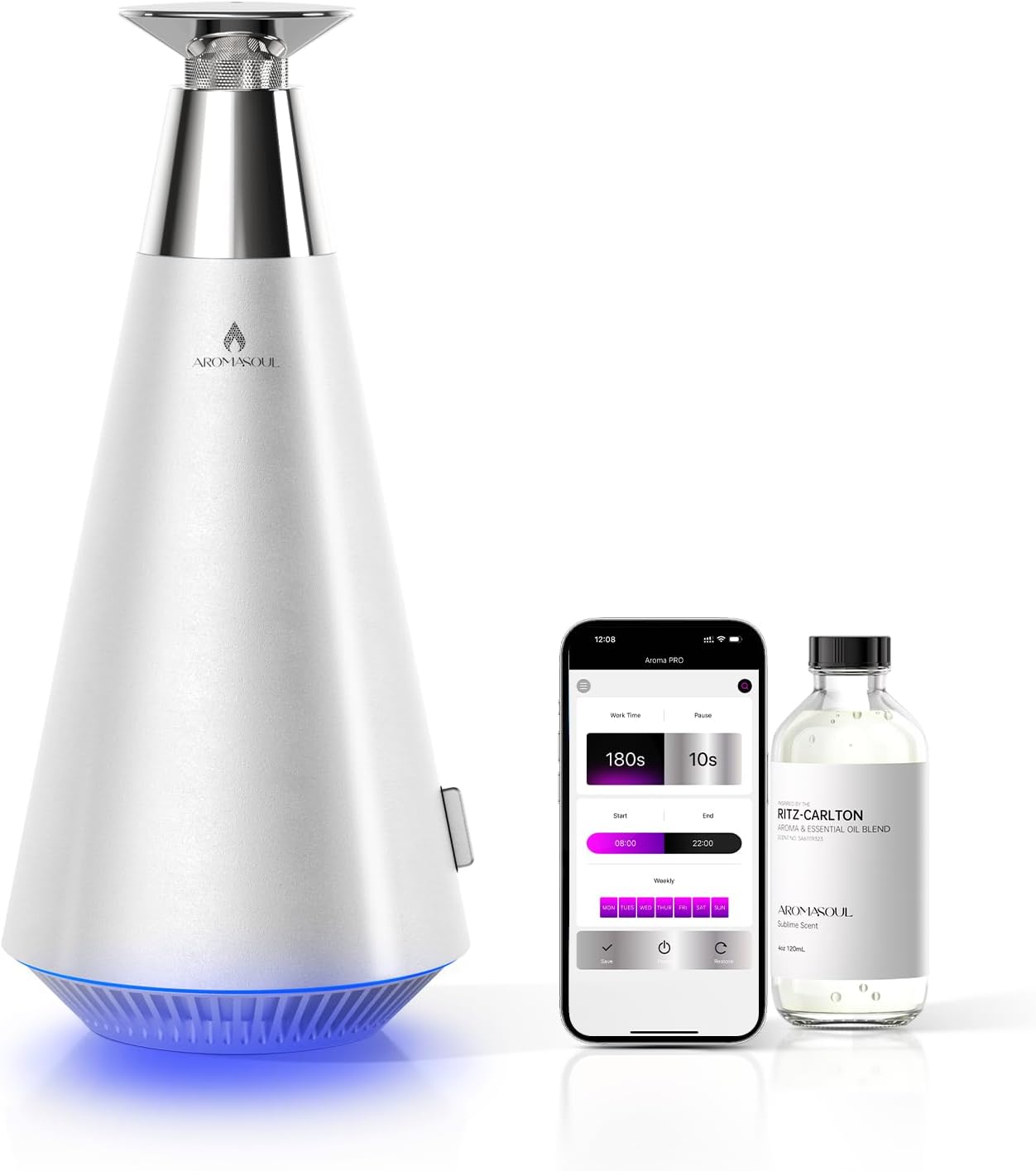 Waterless Scent Diffuser Starter Kit - 1500 Sq Ft Coverage, Alloy Atomization System,Mood Light,Smart Rechargeable Hotel Scent Diffuser, Including 120ml Essential Oil, for Home,Large Room,Spa,Silver