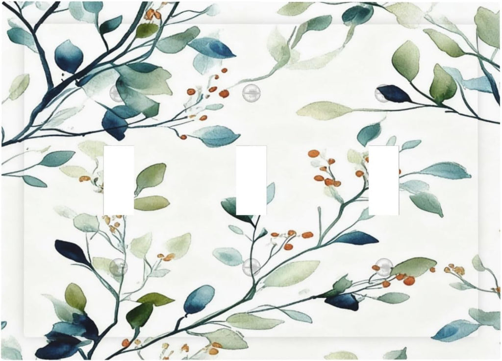 Decorative Light Switch Cover Plate Eucalyptus Leaf Geen Sage Leaves 3 Gang Wall Plates for Electrical Outlets Triple Toggle Switch Plate Covers Outlet Covers Faceplate for Bedroom Home Decor