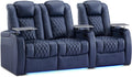 Weilianda Home Theater Seating Top Grain Leather Zero Gravity Recliner Chair Power Headrest Recline Movie Seat Gaming 7 Colors Mood Light Sofa with Tray Table USB Charge Row of 3 Loveseat Left Blue