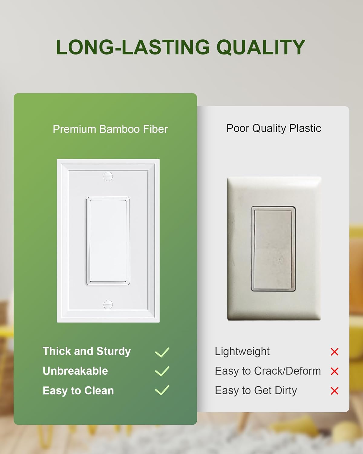 6-Pack Decorator Outlet Cover Plate, White Decorative Switch Plates and Outlet Covers, Natural Bamboo Fiber Wall Plates for Electrical Outlets, Receptacle, GFCI Outlet, Dimmer Switch