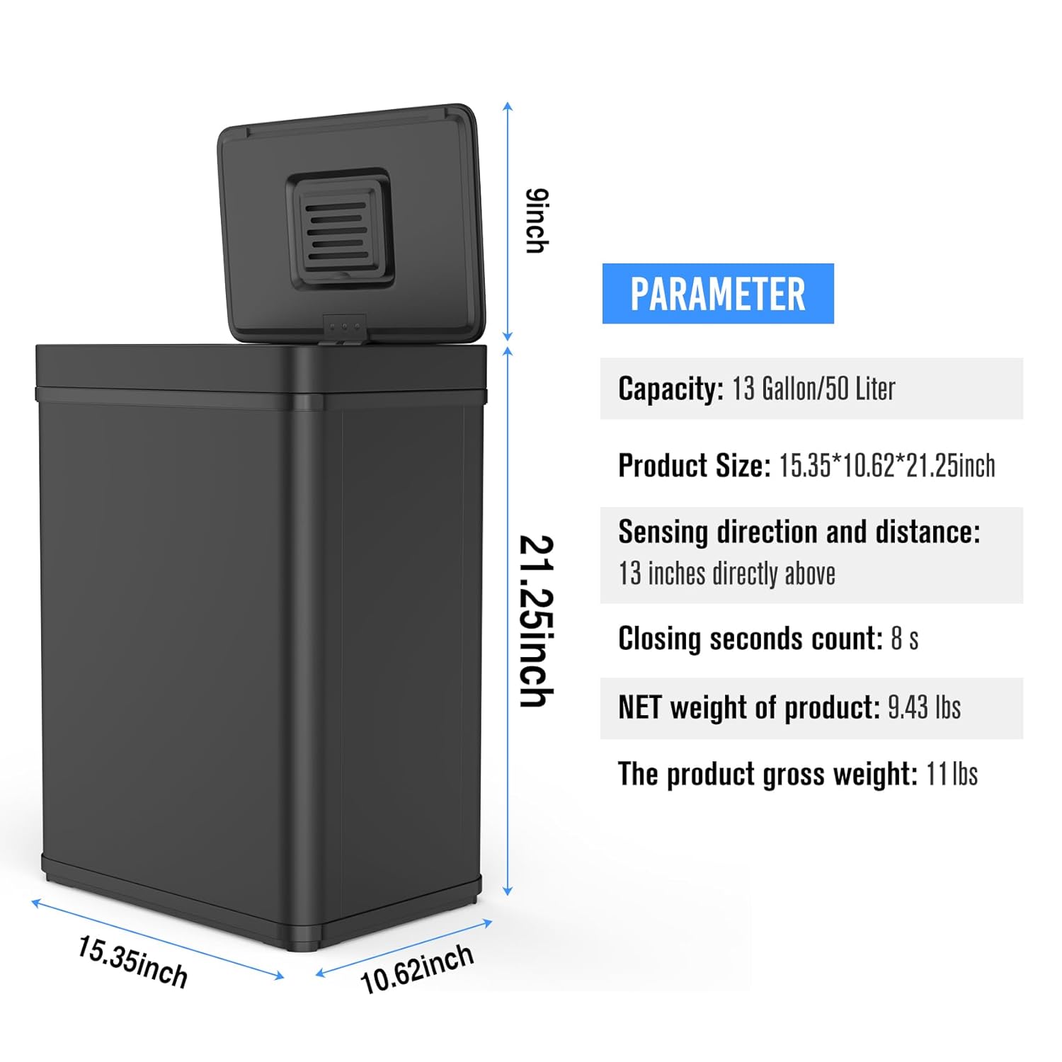 50L / 13 Gallon Smart Automatic Trash Can with Deodorizer Compartment, Stainless Steel Body and Mute Sensor Lid for Kitchen Office Living Room and More, Assemble Large Capacity Garbage Can - Black