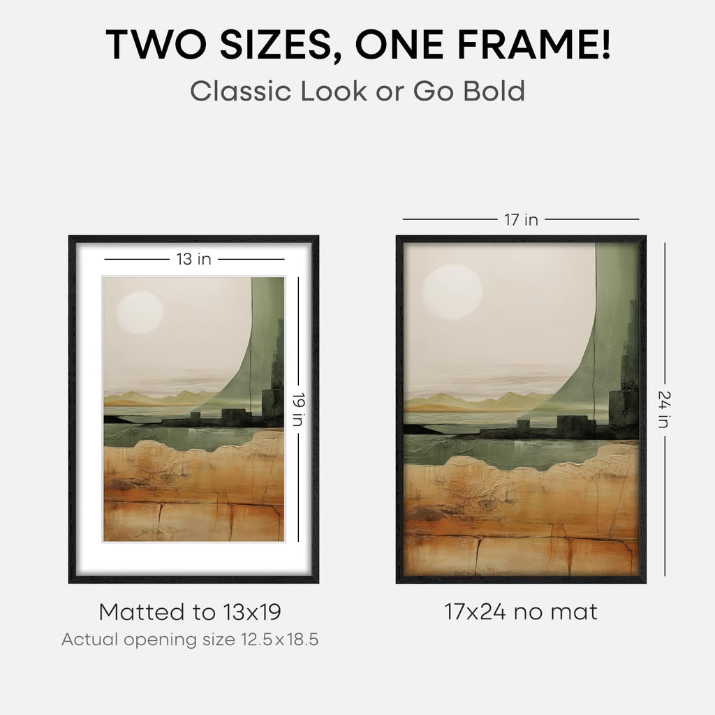 Homeforia 17x24 Picture Frame Black Wood, High End Oak 17x24 Poster Frames with Mat 13x19 Photo, 17 x 24 Wooden Frame Matted to 13 by 19 Print, 24x17 Hanging Frames, Tempered Glass, Wall Kit, Set of 1