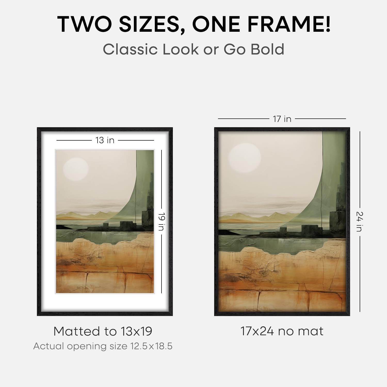 Homeforia 17x24 Picture Frame Black Wood, High End Oak 17x24 Poster Frames with Mat 13x19 Photo, 17 x 24 Wooden Frame Matted to 13 by 19 Print, 24x17 Hanging Frames, Tempered Glass, Wall Kit, Set of 1