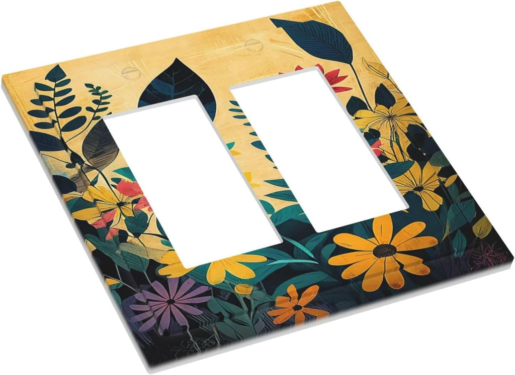 Abstract Minimalist Floral Botanical Boho Flower Outlet Covers Light Switch Cover Plate 2 Gang Double Rocker Wall Plates Decorative Switch Plates Plug Cover Electrical GFCI Receptacle 4.9 X 5 IN