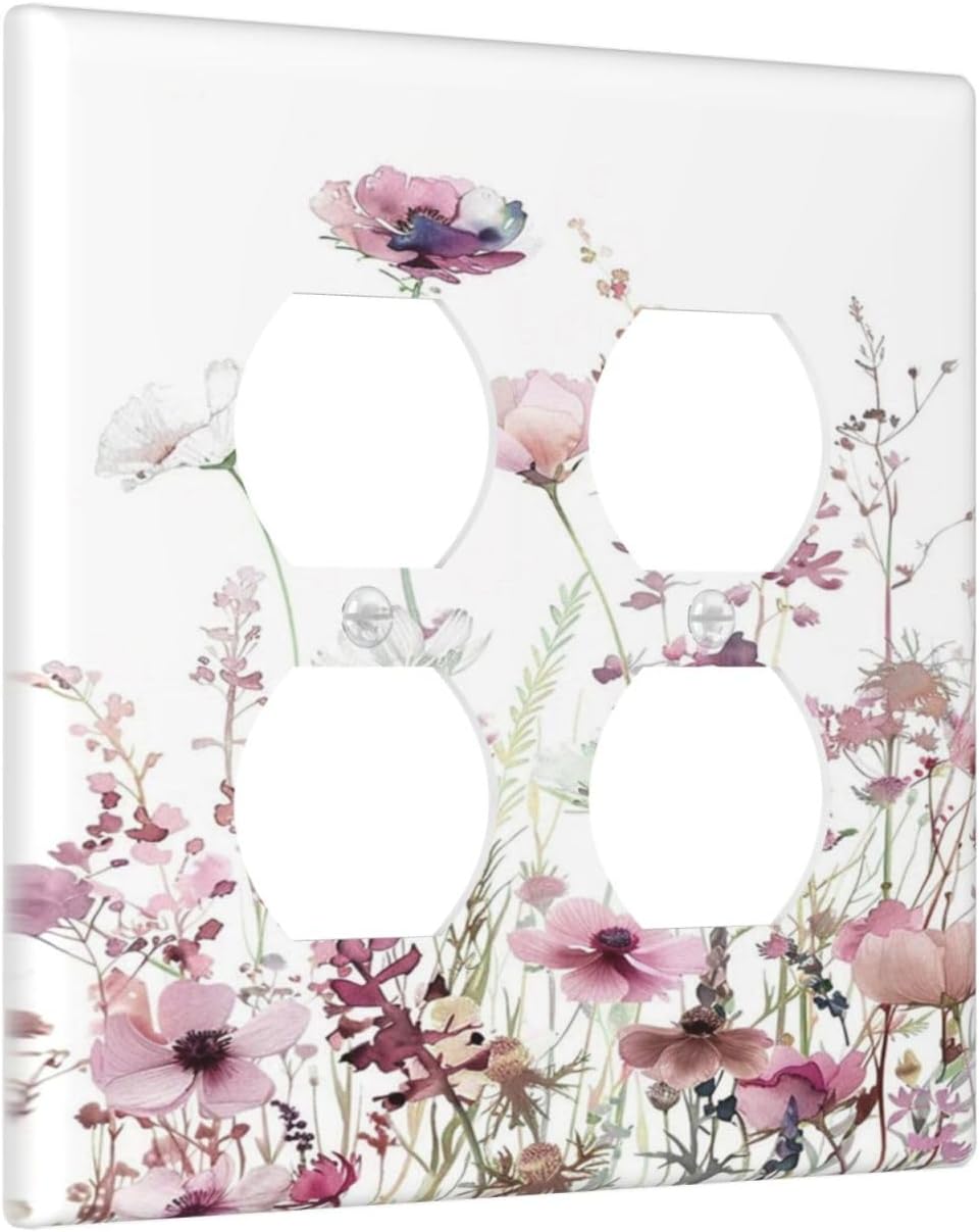 Floral Pink Watercolor Wildflowers Plant Flower Outlet Covers 2 Gang Double Duplex Decorative Light Switch Covers Electrical Wallplates Socket Faceplate for Bedroom Living Room Decor
