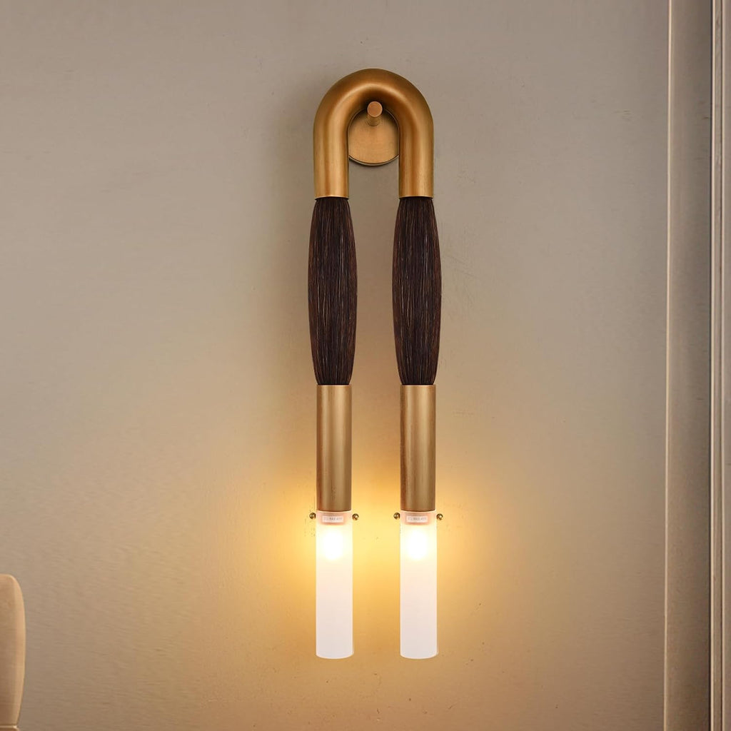 30 Inch Brass Wall Sconce, Decorative Natural Brown Horsehair Vintage sconces Wall Decor with Frosted Glass Shade, Mid-Century Modern Wall Lights for Hallway, Bedroom or Living Room.