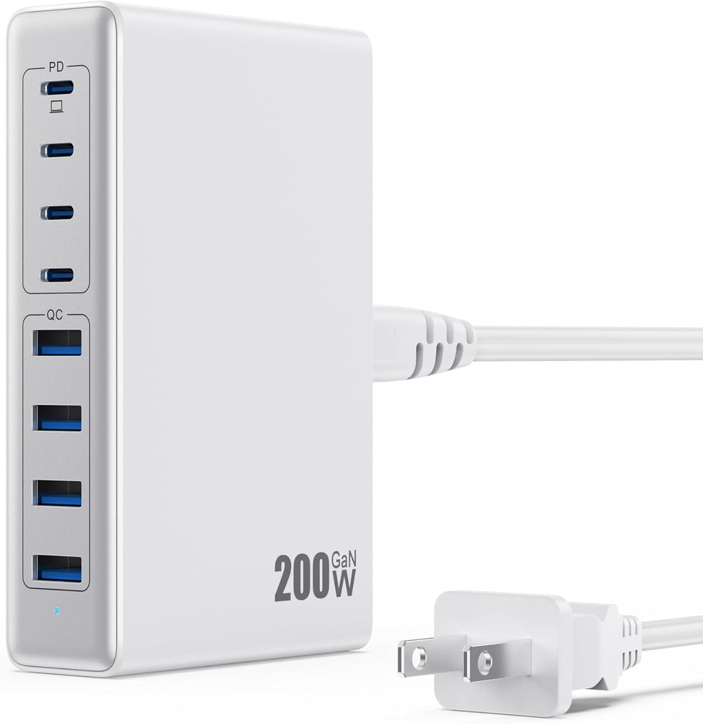 200W USB C Charger Block,GaN IV Charging Station 8 Ports,QC4.0 Fast Charging Station Hub+PD 65W USB C Laptop Charger Adapter Compatible with MacBook Air/Pro,DELL,iPhone 17/16/15,iPad,Steam Deck-White