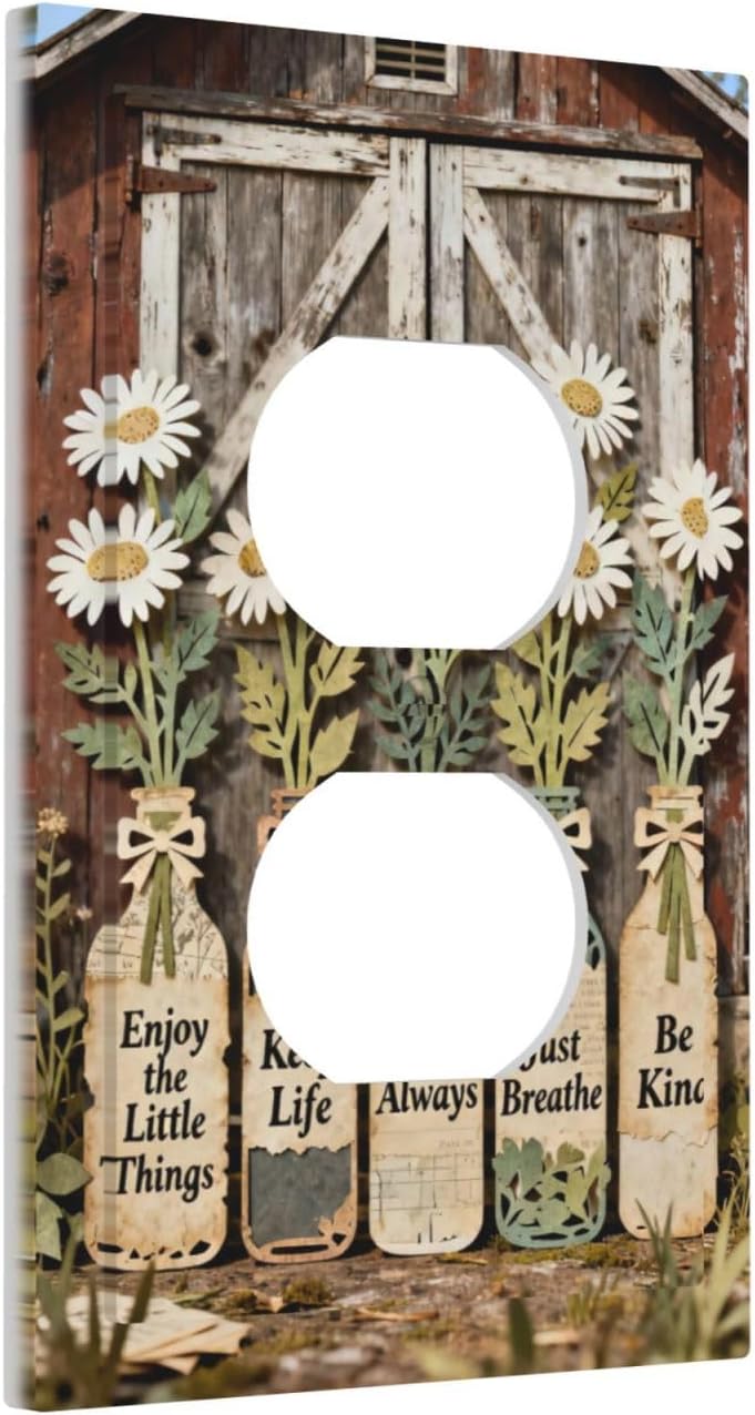 Rustic Daisy Barn Door Flowers Duplex Outlet Decorative Light Switch Covers Electrical Faceplate Switch Plates for Bathroom Kitchen Home
