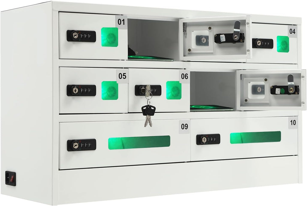 10 Slots Cell Mobile Phone Steel Locker with Combination Lock, Cellphone Charging Station with 3 in 1 Charging Ports for Most Phones, Cellphone Locker for Schools, Conference Rooms, and Offices