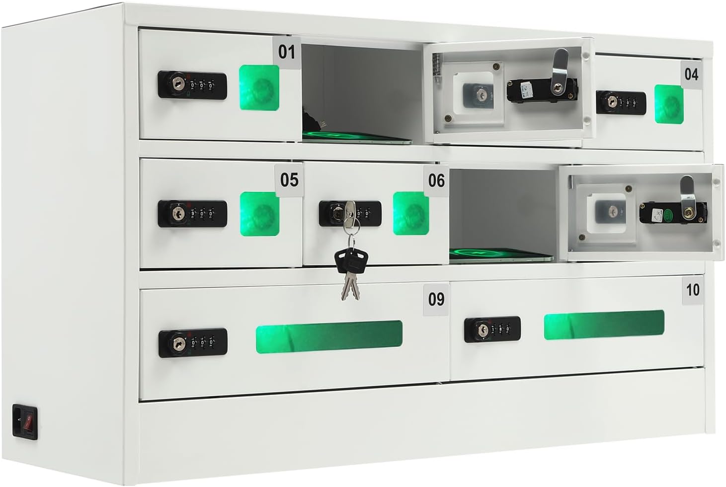 10 Slots Cell Mobile Phone Steel Locker with Combination Lock, Cellphone Charging Station with 3 in 1 Charging Ports for Most Phones, Cellphone Locker for Schools, Conference Rooms, and Offices