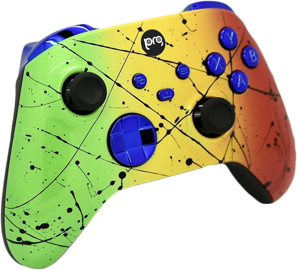 Hand Airbrushed Fade Custom Controller Compatible with Xbox Series X/S & Xbox One (Series X/S Rasta W/Blue Chrome Inserts)