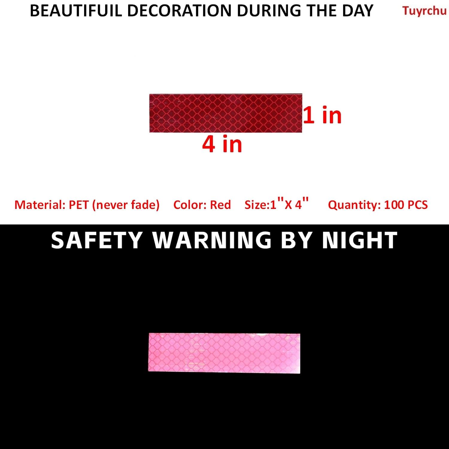 Non Fading Red Reflective Stickers 1 inch X 4 inch, Outdoor Waterproof High Visibility Warning Safety Adhesive Reflector Tape (100 Pcs)