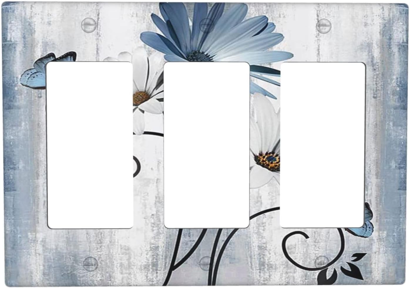 Decorative Outlet Covers Rustic Blue White Daisy Ink Flower 3 Gang Light Switch Cover Plate Triple Rocker Wall Plates for Electrical Outlets Switch Plate Covers for Bedroom Home Decor