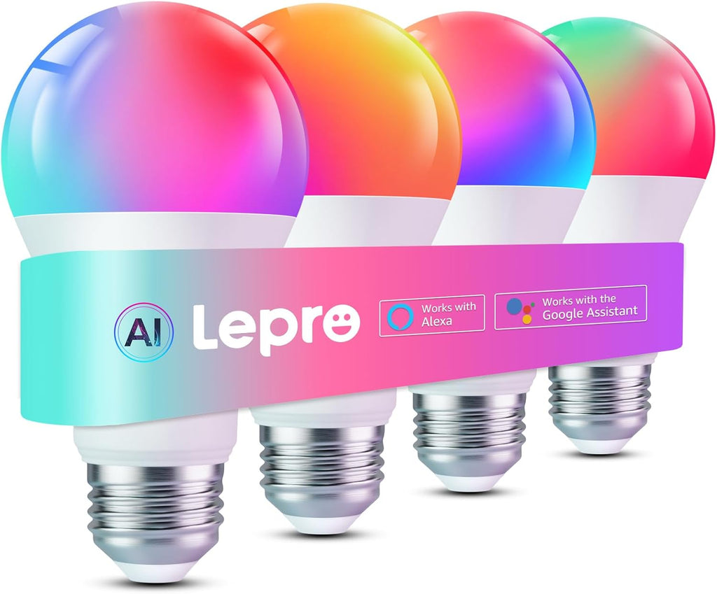 Lepro B2 AI Smart Light Bulbs - 1100LM WiFi & Bluetooth RGBWW Color Changing LED Bulb, Works with Alexa & Google Assistant, Personalized Al Lighting Designer, AI Voice Control, 2.4GHz Only, 4 Pack