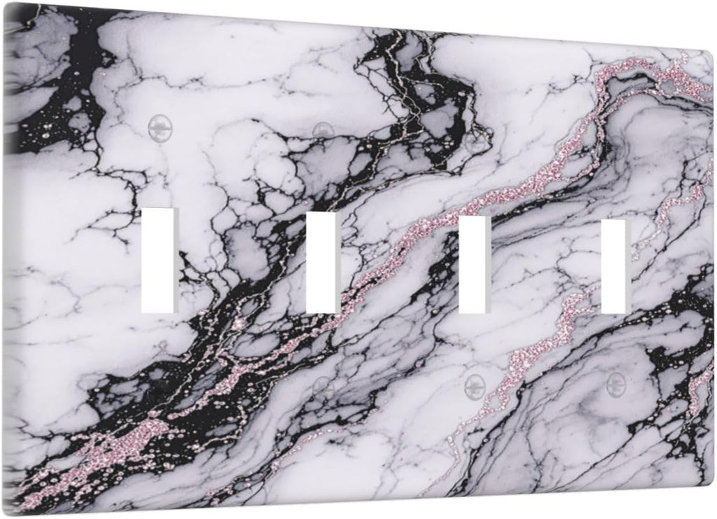 Light Switch Covers White Marble Pattern Black Lines Pink Lines Quad Toggle Electrical Faceplate 4 Gang Wall Plate Decorative Switch Plates for living Room Office Decor