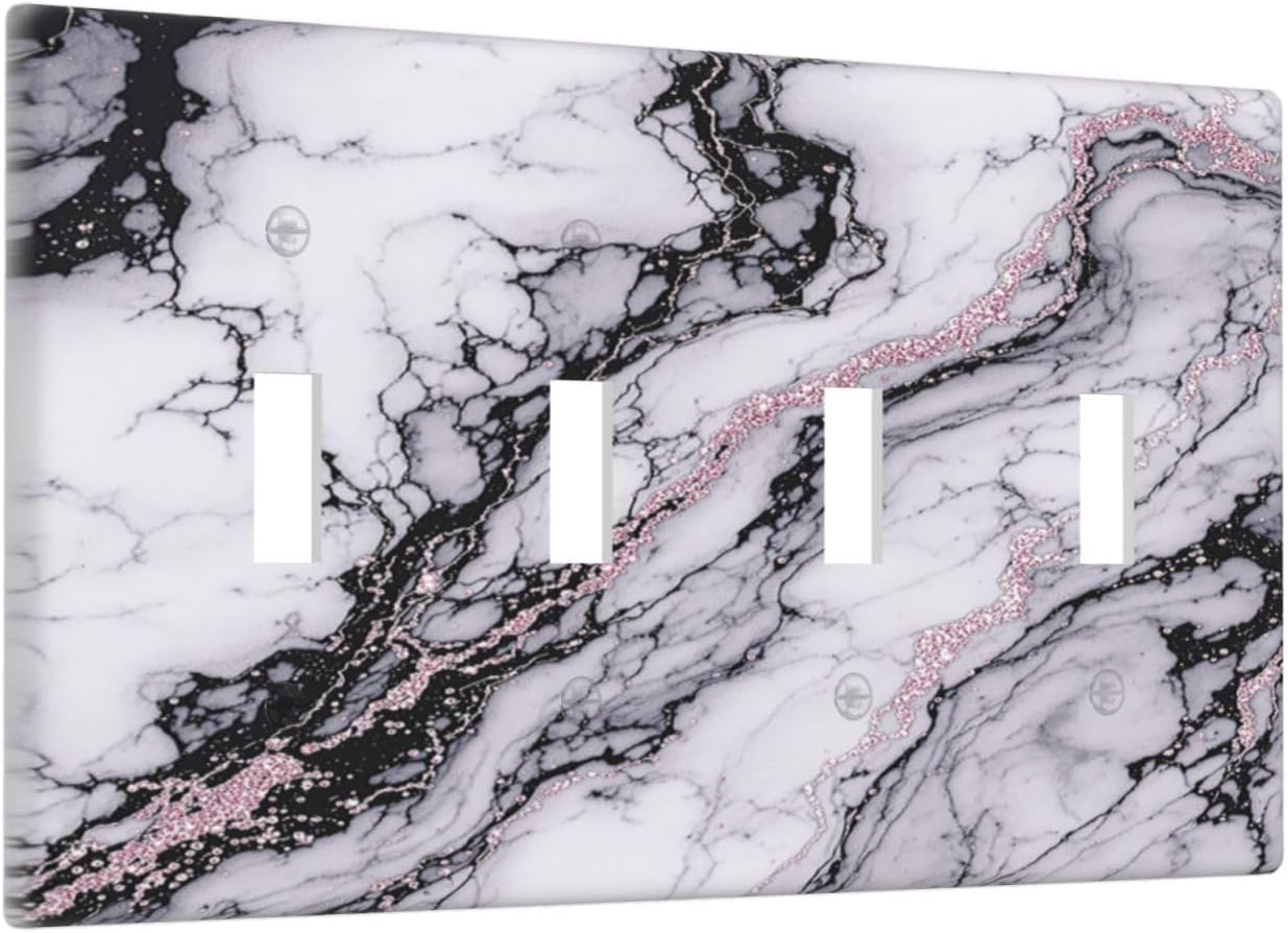 Light Switch Covers White Marble Pattern Black Lines Pink Lines Quad Toggle Electrical Faceplate 4 Gang Wall Plate Decorative Switch Plates for living Room Office Decor