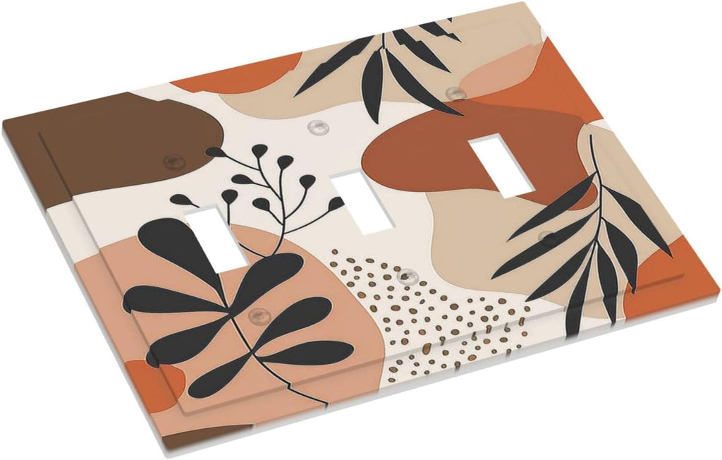Decorative Switch Plates Boho Botanical Orange Green Beige Minimalist 3 Gang Wall Plate Triple Toggle Light Switch Cover Faceplate Electrical Wall Panels for Bedroom living Room Decor