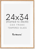 Fun Memories Rustic Oak Wood Picture Frame - 24x34 with Real Glass, Mat for 20x30, Natural Oak Color, 1 Pack