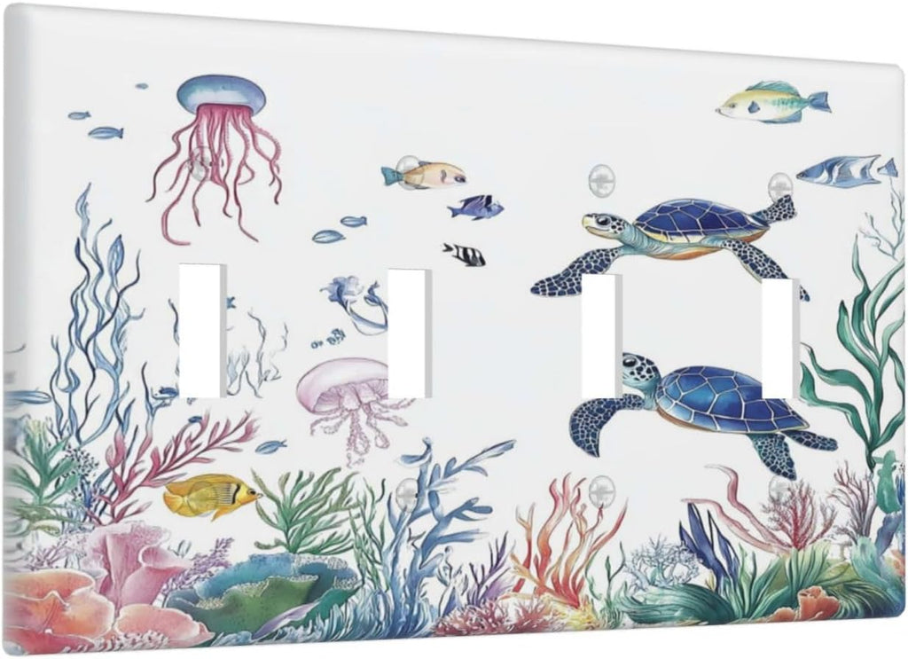 Blue Sea Turtle Ocean Fish Octopus Coral Light Switch Covers Quad Toggle Electrical Faceplate 4 Gang Wall Plate Decorative Switch Plates For Bathroom Kids Room Decor