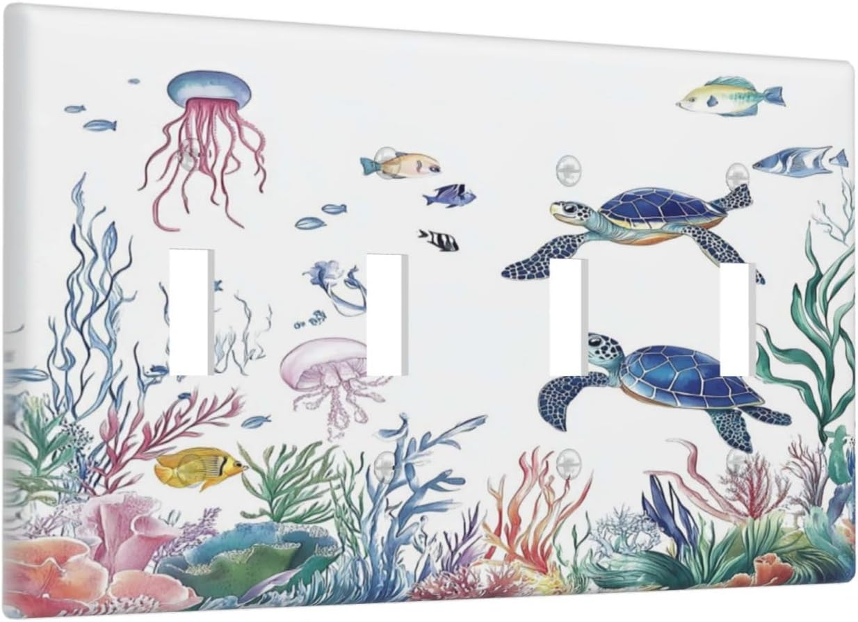 Blue Sea Turtle Ocean Fish Octopus Coral Light Switch Covers Quad Toggle Electrical Faceplate 4 Gang Wall Plate Decorative Switch Plates For Bathroom Kids Room Decor