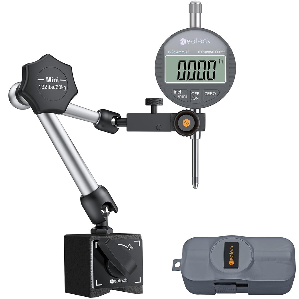 Neoteck 0-1”(0.0005") Digital Dial Indicator Gauge and 132 lbs (60kg) Max Pull Magnetic Base,Digital Dial Indicator Set with Inch/Metric Conversion for 3D Printer and CNC Machine