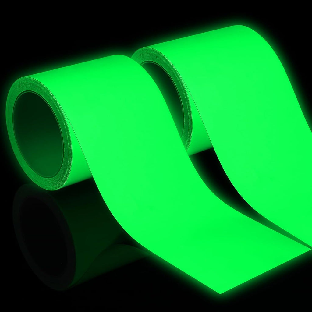 2 Rolls Glow in The Dark Tape 32.8 ft x 4 Inch Luminous Phosphorescence Green Long Lasting Bright Glow Tape for Halloween Night Decorations, Theater Stages, Stairs, Walls, Steps and Exit Sign