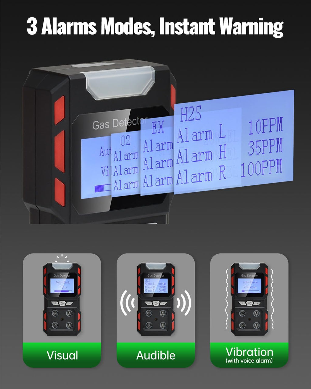 4 Gas Monitor, Gas Detector for H2S, CO, LEL and O2, Factory Calibrated Multi Gas Meter with Vibration, Visual and Audible Alarms, Over 10H Battery Life, Fast Response, Gas Analyzer for Work, Home