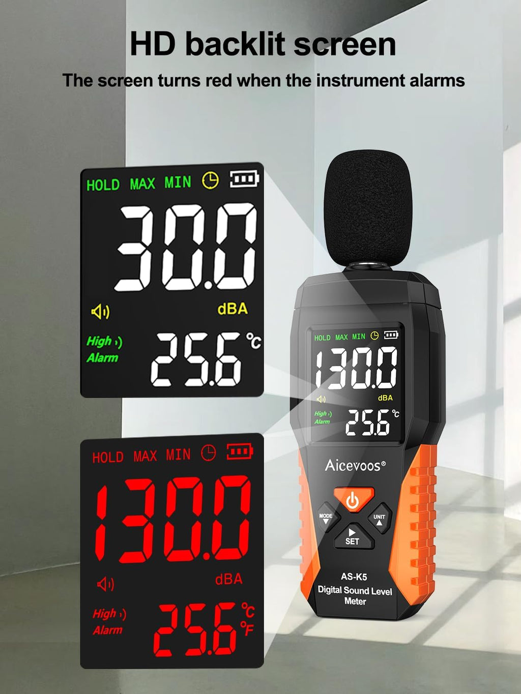 Decibel Meter Portable Sound Level Meter dB Meter decibel sound Meter Measuring 30~130 dB, Audible and Visual Alarms, MAX/MIN Noise Measurement