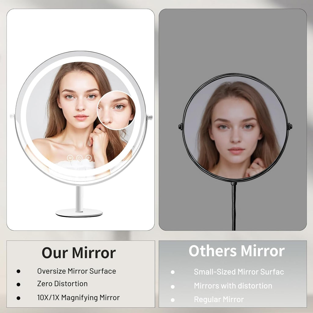 Makeup Mirror with Lights, Lighted Makeup Mirror with Magnification, 1x/10x, Large Round Vanity Mirror with Stand, 3 Color Modes, Brightness Adjustable, Smart Touch Control, 13 Inches Diameter