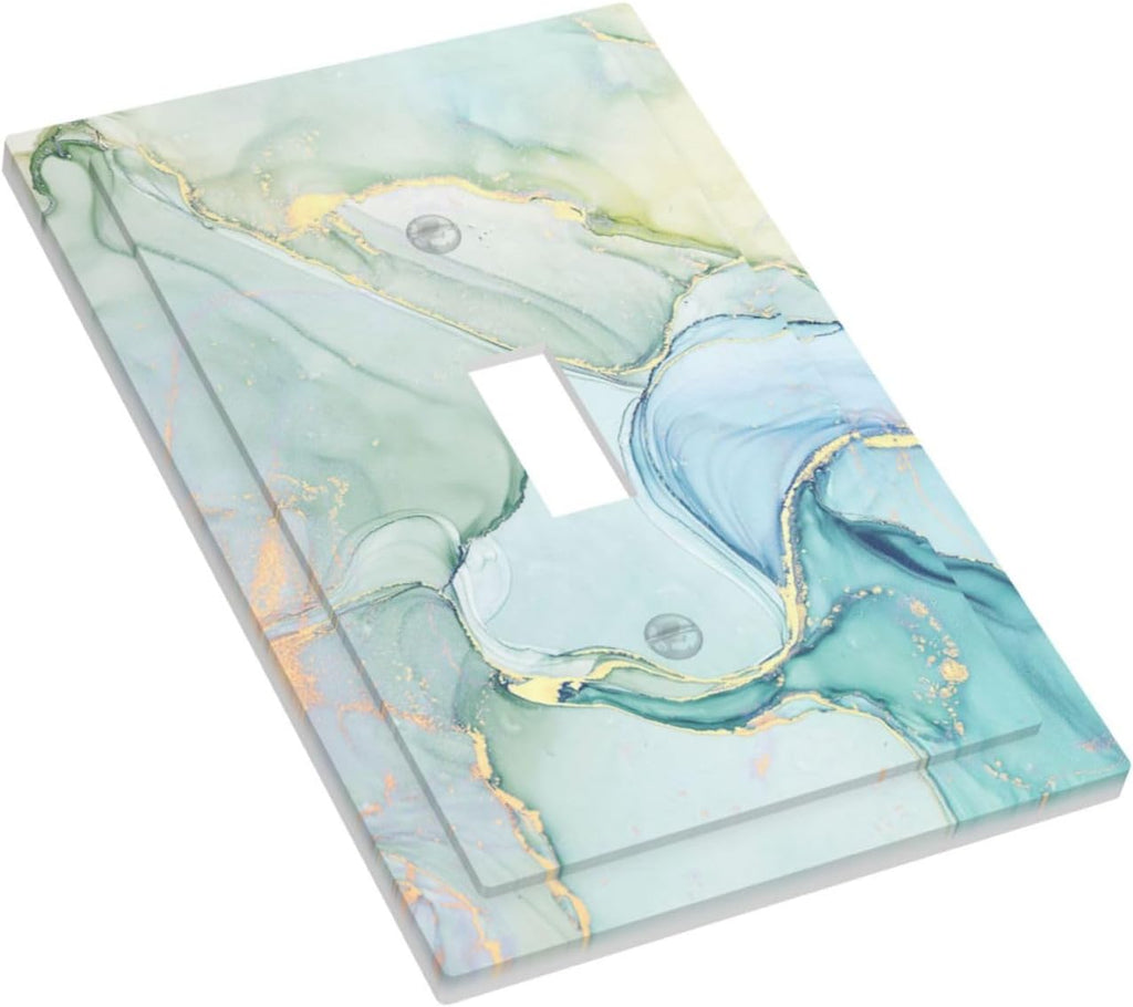 Decorative Light Switch Cover Teal Gold Marbling Turquoise 1 Gang Single Toggle Device Electrical Faceplate Switchplates Decorator Outlet Wall Plate for Bathroom living Room Decor