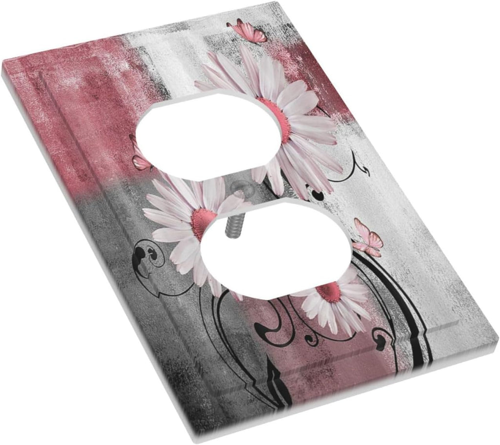Outlet Covers Pink Floral Rustic Daisy Flower And Butterfly 1 Gang Duplex Electrical Receptacle Faceplate Light Switch Cover Wall Plate Decorative Switch Plates for Farmhouse Cabin Decor