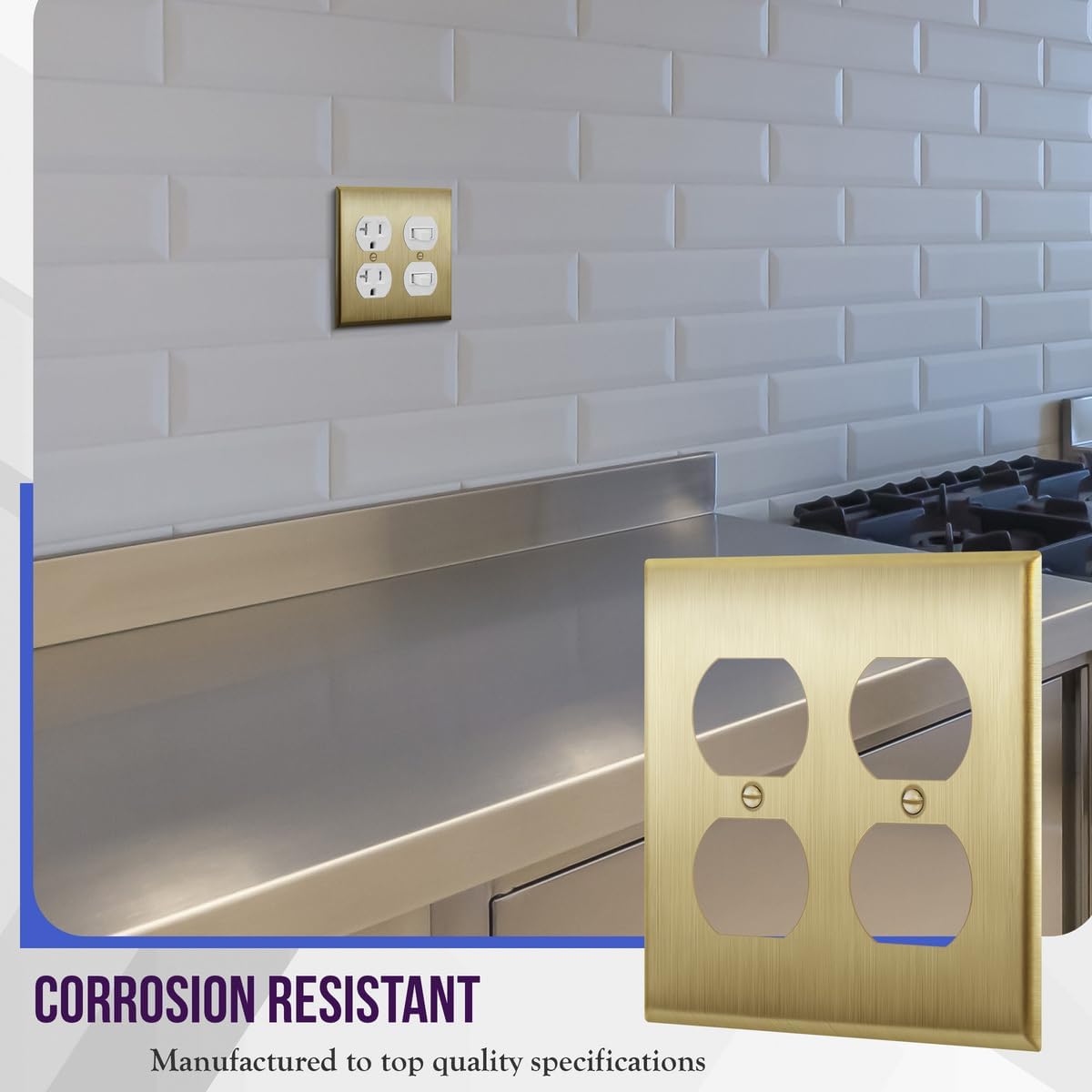 ENERLITES Double Duplex Receptacle Metal Wall Plate, Stainless Steel Outlet Cover, Corrosion Resistant, Size 2-Gang 4.50" x 4.57", Stainless Steel 201, 7722-BB, Brushed Brass, Gold