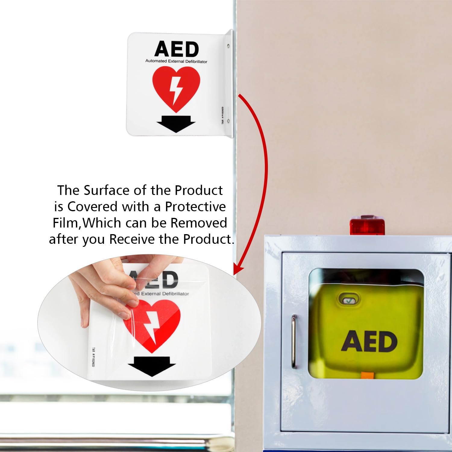 T&R AED Sign, Automated External Defibrillator with Down Arrow - 4 Pack - 6 x 6 Inches Acrylic, 2 pre-drilled holes, Includes Matching Screws, Use for Office/Business