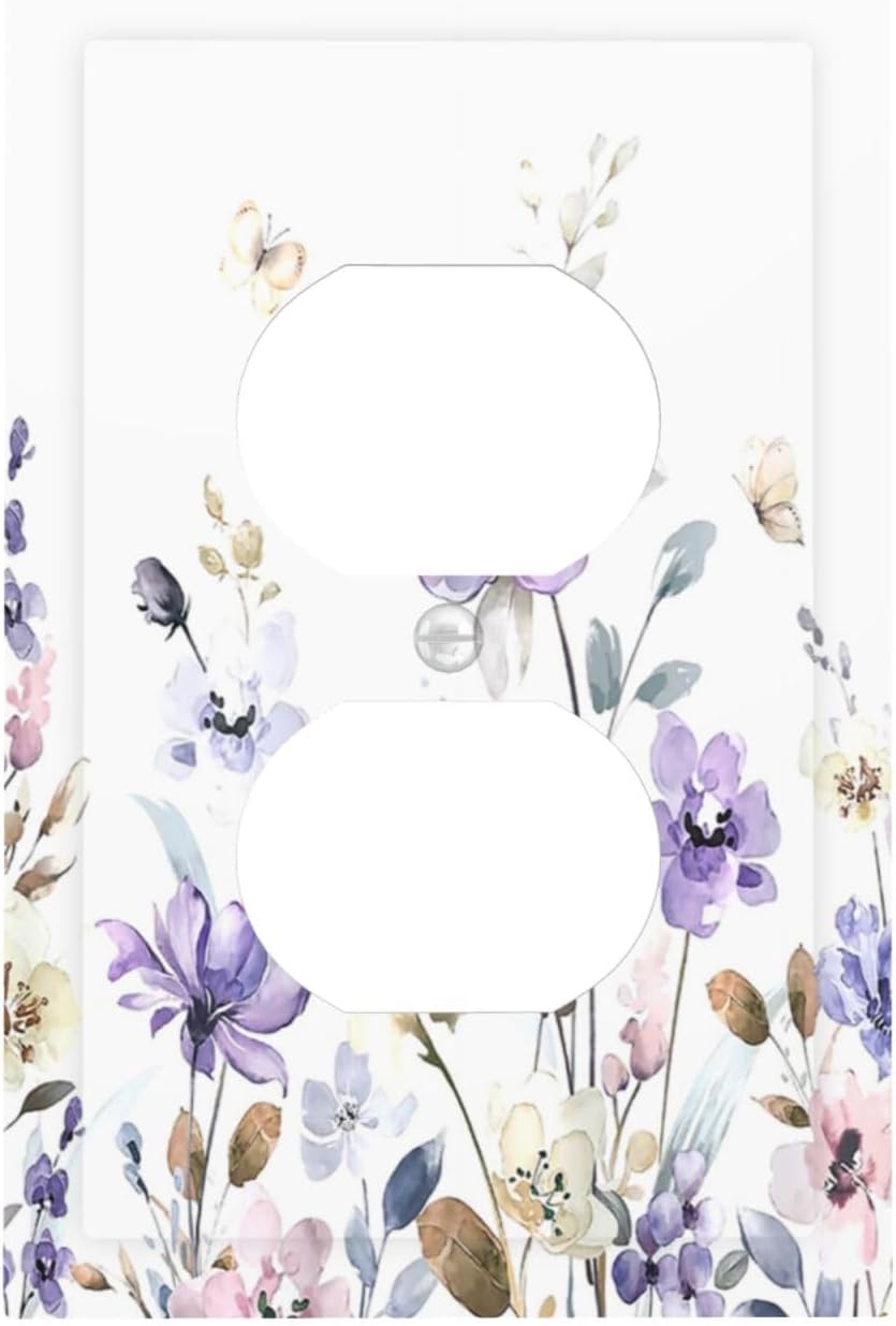 Outlet Covers Purple Floral Lilac Watercolor Flower Leaves Butterfly Wildflower 1 Gang Duplex Electrical Receptacle Faceplate Light Switch Cover Wall Plate Decorative Switch Plates for Bedroom Home