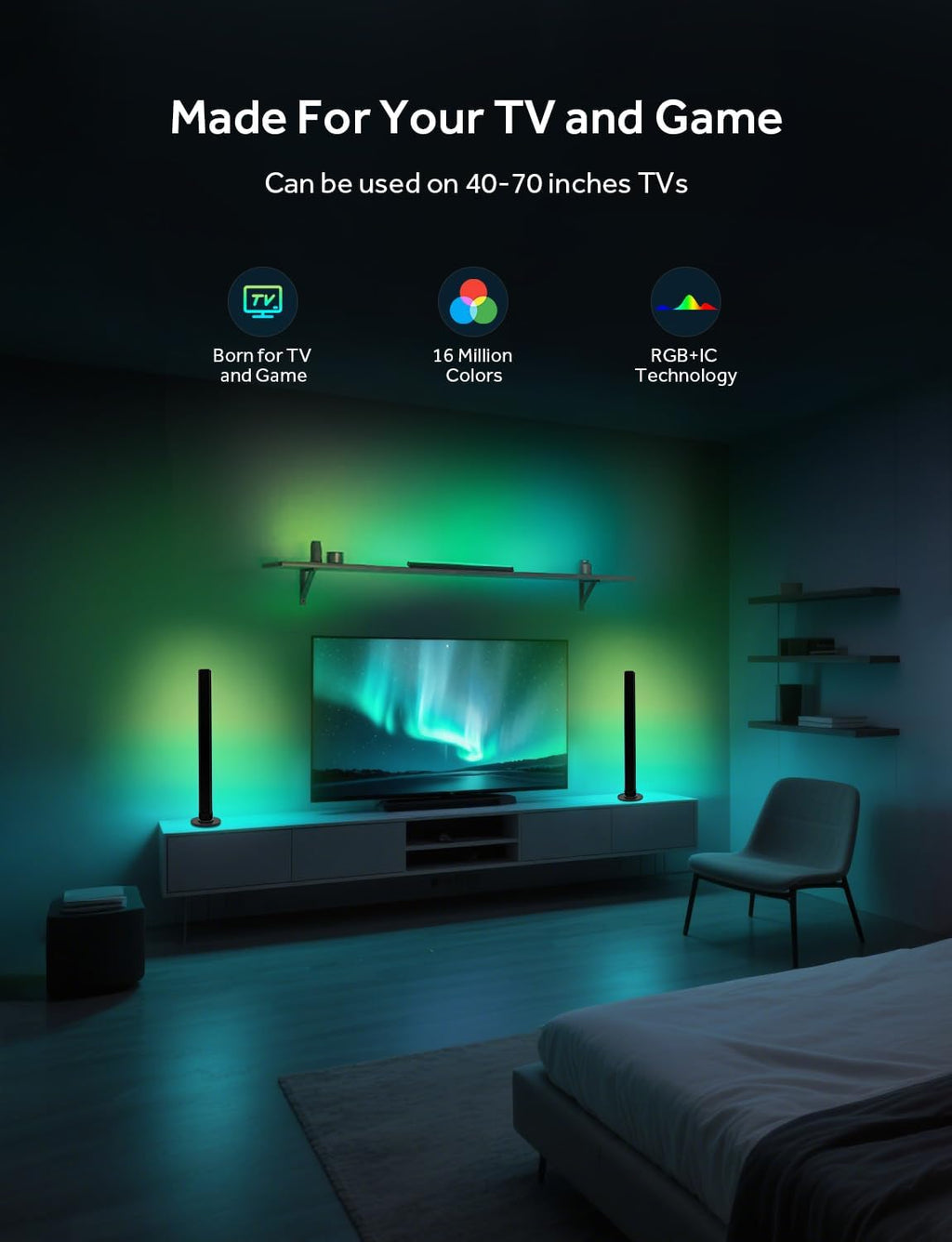 Smart LED Light Bars, RGB Light Bar for Room, 16 Million Colors & 213 Preset Modes Gaming Lights, Remote Control & App Control, Dynamic Music Sync Mode TV Backlight, USB Powered Ambient Lighting