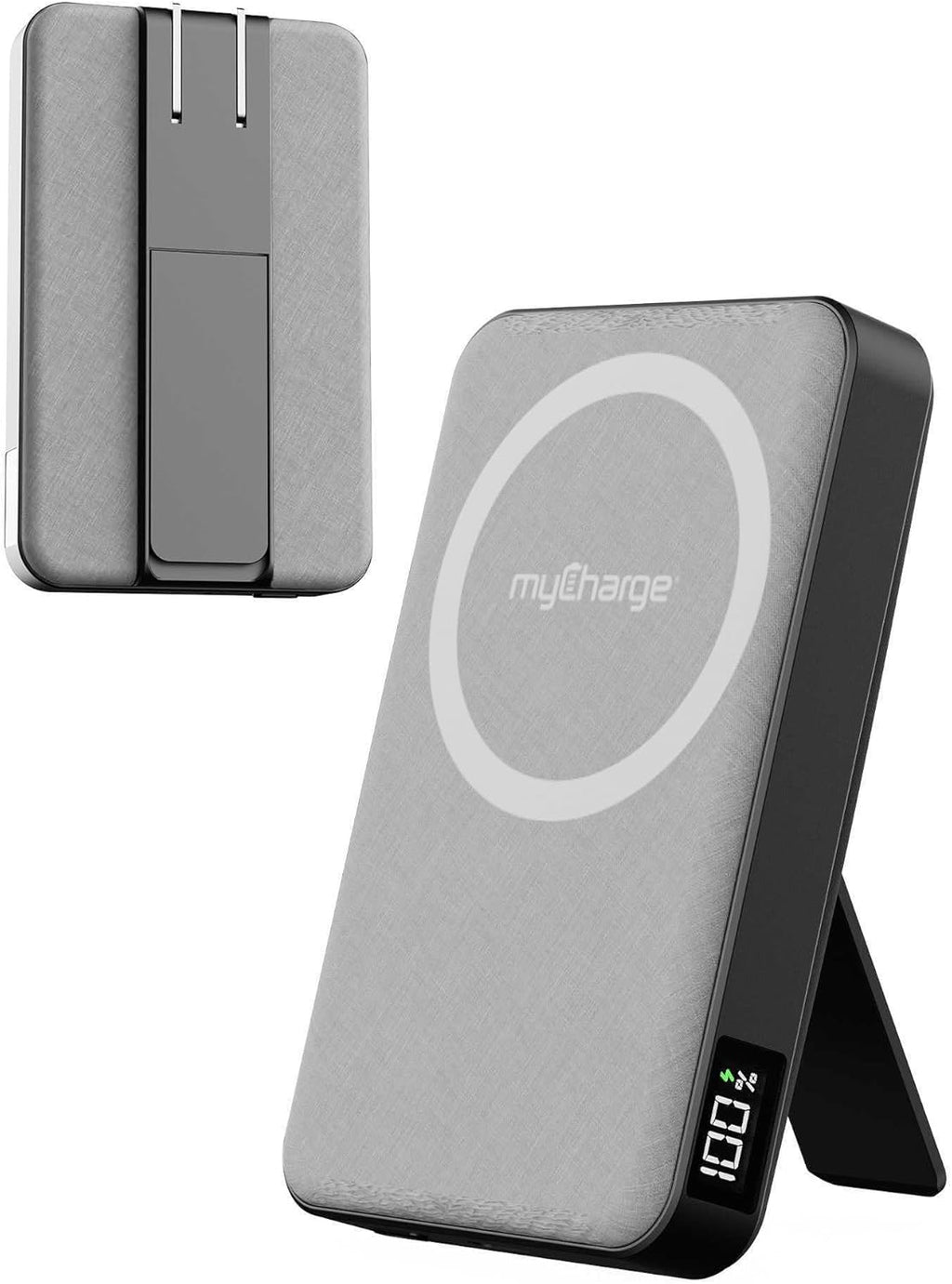 myCharge CliqLuxe+ 10,000mAh Wireless Magnetic Power Bank - Qi2.2 25W Ultra-Fast Wireless Charging | with Stand | 20W PD USB-C Port | Digital Battery Display | Premium Grey Fabric (with Wall Plug)