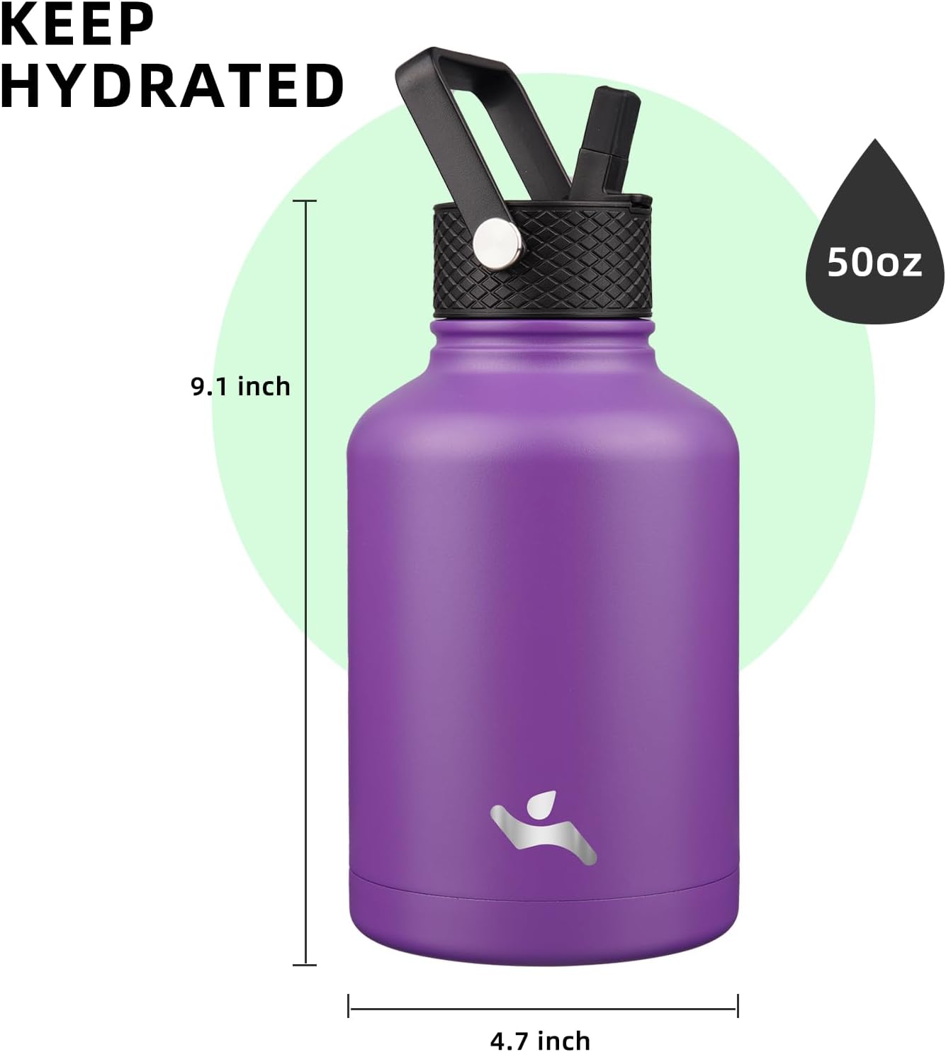 Insulated Water Bottle with Straw,50 oz 3 Lids Water Jug with Carrying Bag,Paracord Handle,Double Wall Vacuum Stainless Steel Metal Flask,Purple