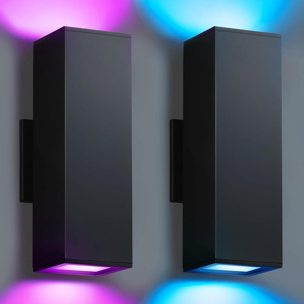 SHIMR Color Changing Outdoor Wall Lights 2 Pack, Ambiance Up and Down Lights Outdoor, Waterproof Square Smart Porch Lights WiFi APP Control Exterior Light Fixture Home Theater Lighting [ETL Listed]