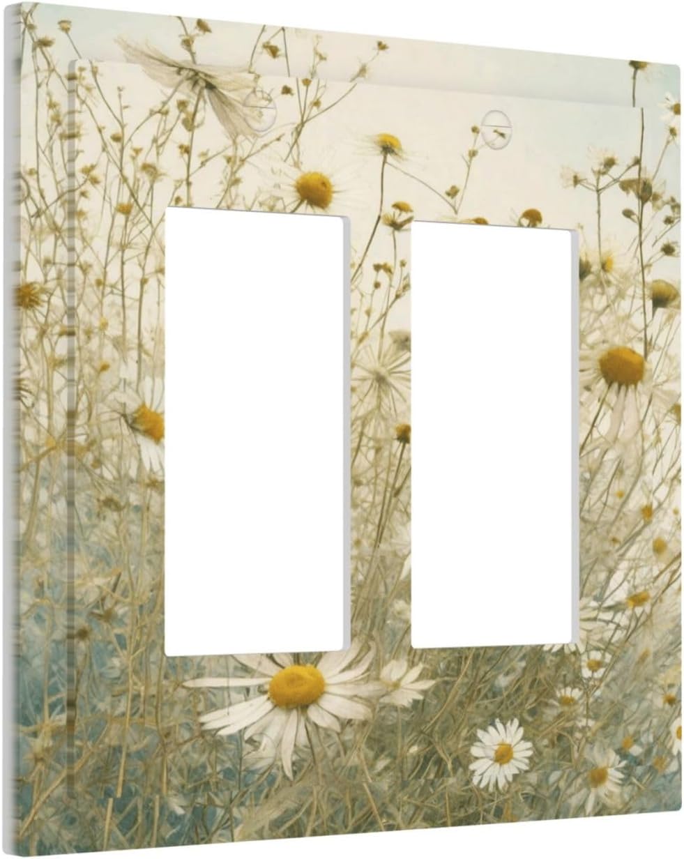 White Wildflowers Daisy Vintage Floral Decorative Outlet Covers 2 Gang Double GFCI Rocker Electrical Wall Panels Light Switch Cover Plate for Bed Room Living Room Decor