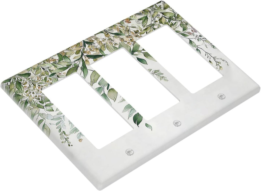 Light Switch Covers Sage Green Eucalyptus Watercolor Plant Leaves 3 Gang Rocker Electrical GFCI Decorative Triple Outlet Wall Plate Cover Switchplate for Bedroom Bathroom Decor