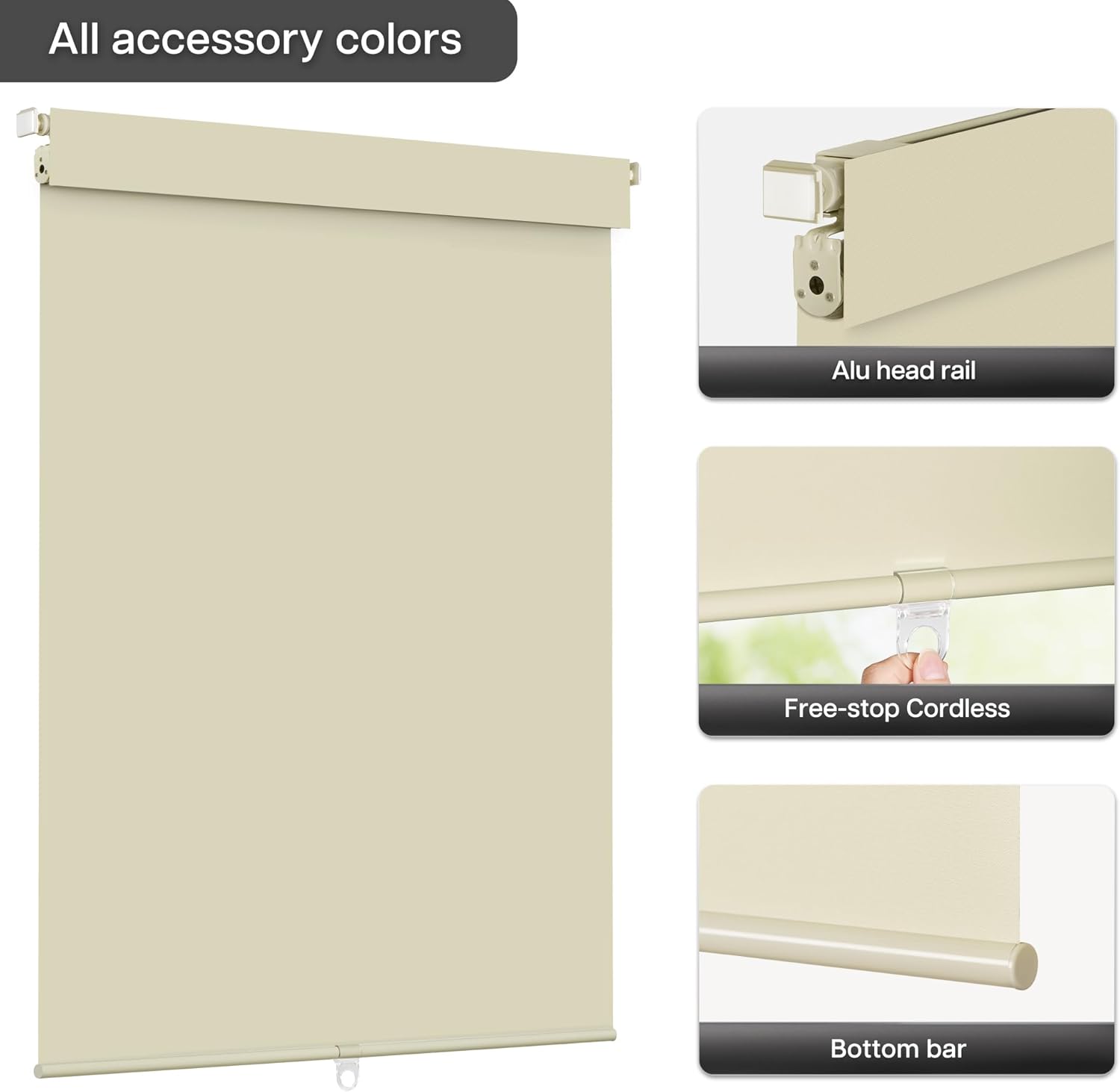 LazBlinds No Drill Blinds for Indoor Windows, Blackout Roller Shades, Cordless Window Blackout Blinds, Thermal Insulated Fabric UV Protection for Home and Office, 46" W x 72" H, Beige