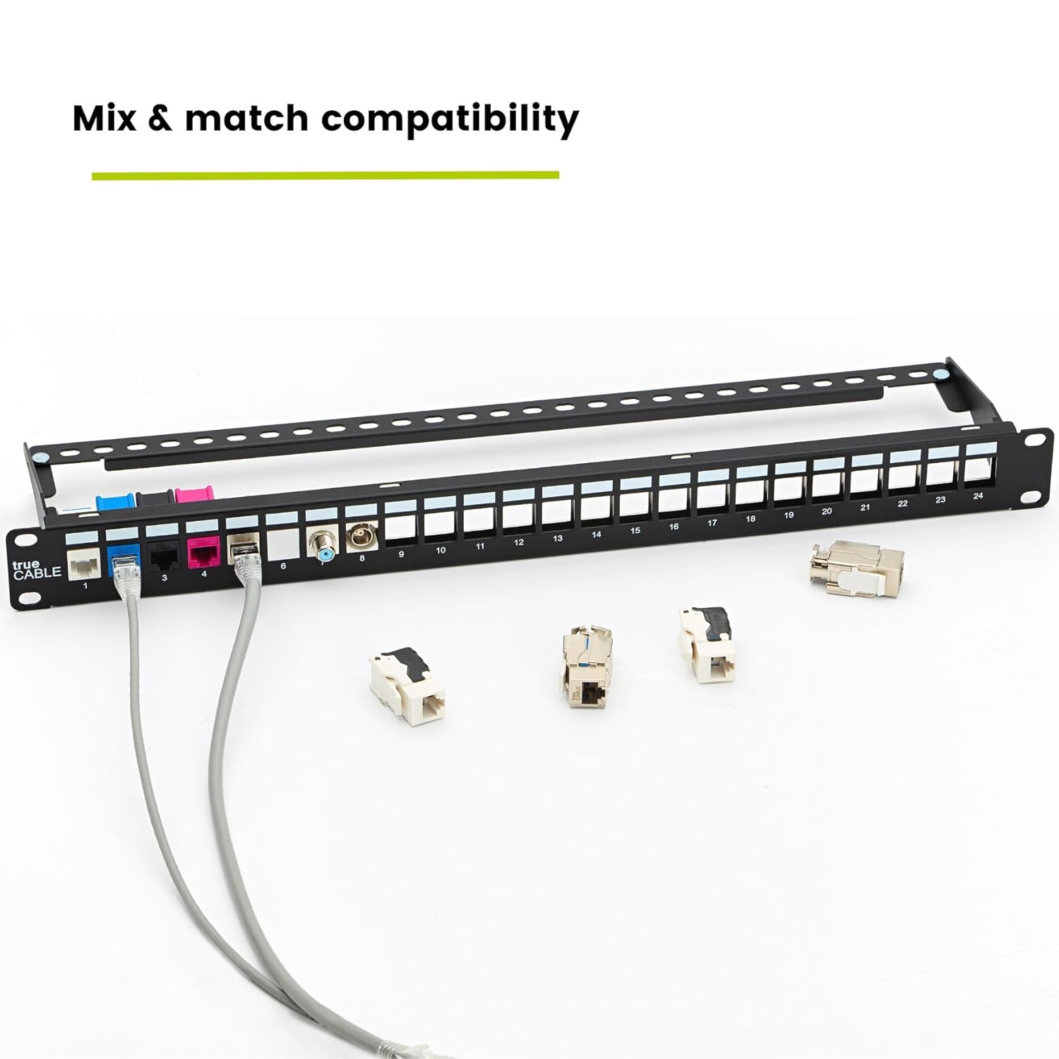 trueCABLE Shielded 24 Port 19” Toolless Modular Patch Panel, Blank, 1U Rack Mount, with Cable Management Bar and Ground Wire, High Density, Black