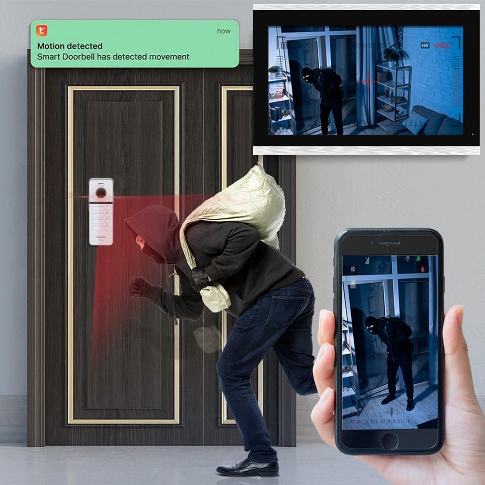 ANJIELO SMART Wired Video Doorbell Apartment Intercom System,4 Family Units 10 Inch Touch Monitor,3 in 1 Unlocking,Dual Way Intercom Motion Detection Tuya for Villa Home (1 Doorbell(b)+ 4 Monitor(s))